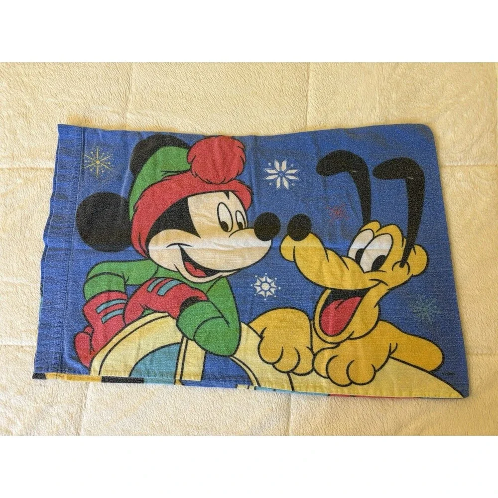 VTG 90s Disney Mickey Mouse Twin Flannel Sheet Set Winter Pluto Donald 3 piece